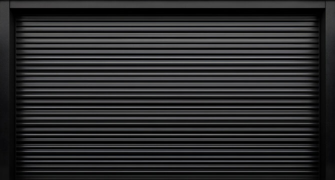 Modern black roll up shutter with distinct frame. Corrugated metallic background with clean horizontal lines