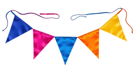 Isolated decorative bunting pennants, party flags in blue, pink, orange and yellow colors