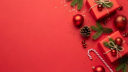Festive Christmas Decoration Background With Red Gift Boxes Pine Branches Shiny Baubles And Candy Cane On A Vibrant Red Surface Providing Ample Copy Space For Holiday Marketing And Seasonal