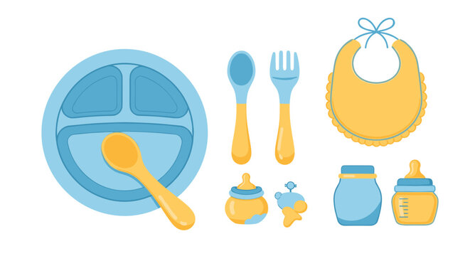 Assortment of essential baby feeding items in blue and yellow, featuring a plate, cutlery, bib, and bottles.
