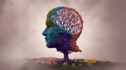The tree of life as a human head with colorful leaves, symbolizing growth, knowledge, and the interconnectedness of nature and human intelligence