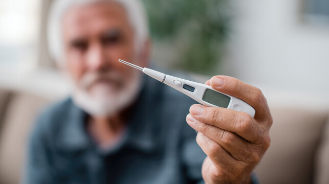 Senior man holding digital thermometer at home – healthcare and illness concept