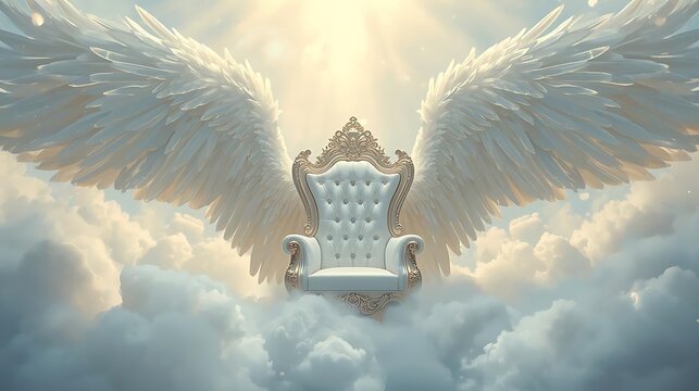 Majestic throne of light with angelic wings in heavenly clouds