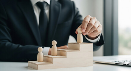 Professional businessman building a career ladder to success and growth in a modern corporate office setting, striving for leadership and achieving goals