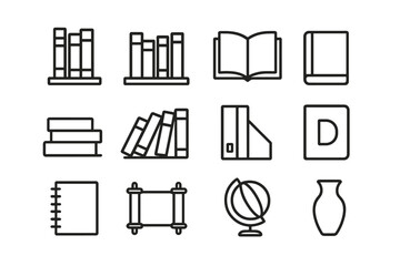 Book and Shelf Icons. Books and shelves. Line icon set of books and shelves: vertical shelf, horizontal shelf, open book, closed book, stacked books, leaning