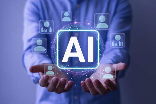 Artificial intelligence concept a person holding a glowing ai symbol with user icons, representing the technologys impact on human interaction