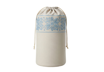 Isolated beige drawstring bag with flower design, for storing personal items or gifts indoors