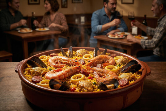 Paella mixta servida en cazuela de barro en restaurante tradicional con comensales de fondo