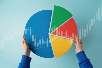 Hands holding a pie chart with different colored slices, representing market share, financial data, and business analytics on a blue background