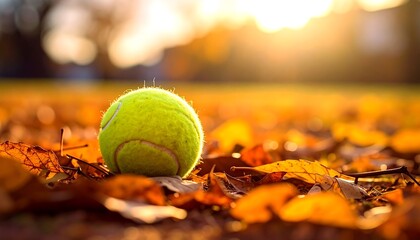 Tennis ball nestled amid colorful autumn leaves, lit by a warm, golden sunset glow, creating a peaceful autumn scene