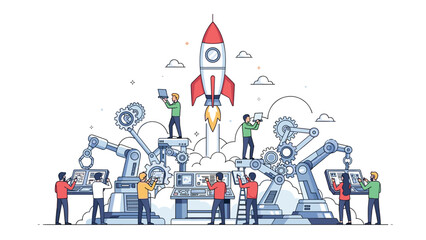 Innovative team launching startup with robotic arms and rocket in modern factory, showing teamwork and technological advancement concept