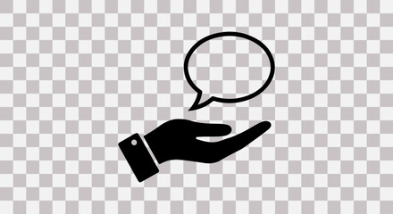 Black silhouette of a hand holding a speech bubble icon on a transparent background