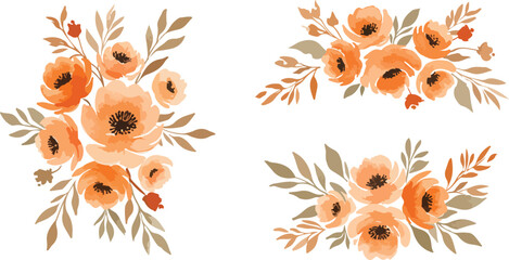 Orange watercolor floral bouquets with leaves elegant artistic design