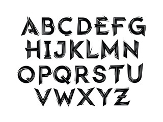 Creative alphabet font with sharp angles and cut details in bold black letters