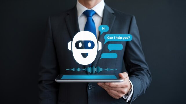 A businessman holds a tablet with a chatbot assistant, symbolizing the integration of ai in customer service and business operations for efficiency - Powered by Adobe