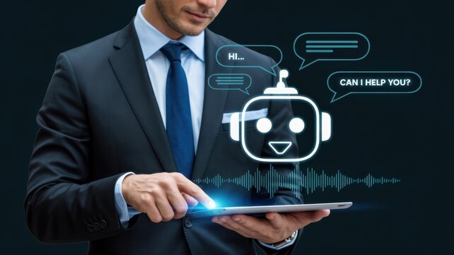 A businessman interacts with a chatbot on a tablet, showcasing the integration of artificial intelligence in business communication and customer service