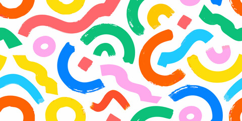 Playful abstract background with colorful brushstrokes and geometric shapes