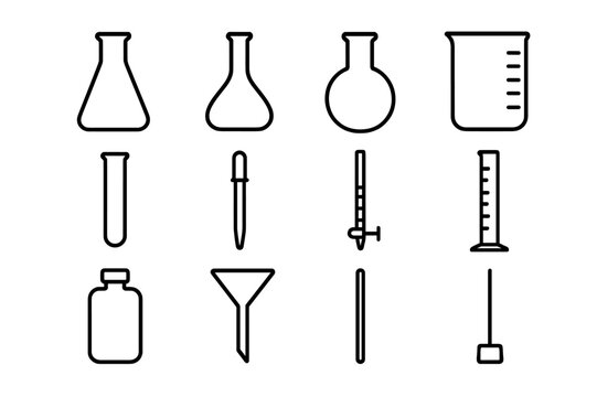 Chemistry Line Icons. Chemistry essentials. Line icon set of chemistry essentials: Erlenmeyer flask, volumetric flask, round-bottom flask, beaker, test tube,