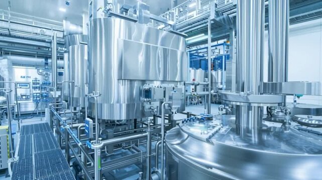 Sterile industrial manufacturing facility with stainless steel processing equipment, automated production environment for pharmaceutical food or chemical processing, modern factory interior showing hy