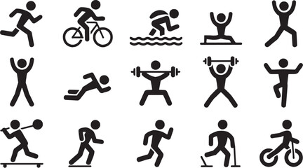 Obraz premium Sports and fitness icon set. Vector glyph pictograms of walking, running, cycling, and activity silhouettes.