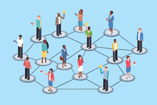 Isometric people network illustration diverse individuals connected in a business or social network
