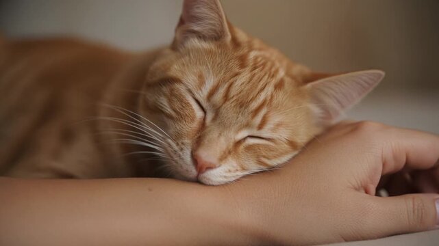 手の甲に顔をこすりつける茶トラ猫