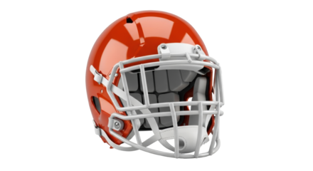 Isolated American football helmet in orange color, with silver metallic protective face mask