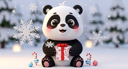 Cute panda holding a gift box surrounded by snowflakes and candy  
