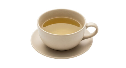 Isolated cup of herbal tea on saucer, with pale yellow liquid, studio shot; nobody is near