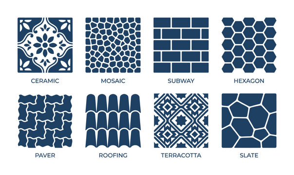 Decorative tile patterns set ceramic mosaic subway hexagon paver roofing terracotta and slate designs