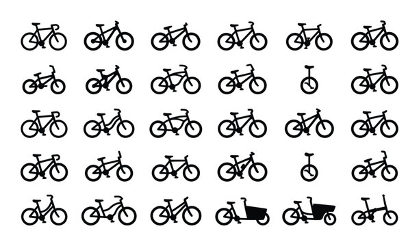Different types of bicycles black silhouette icon collection featuring road bikes, mountain bikes, cargo bikes, and unicycles