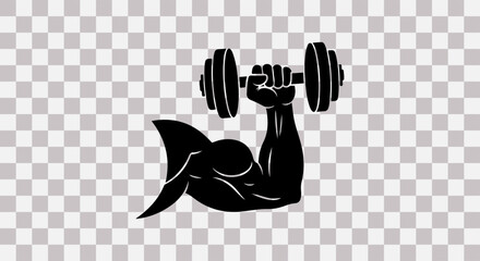 Black silhouette of a muscular arm lifting a dumbbell on a transparent background