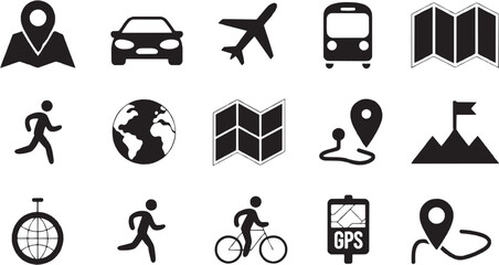 Transport and travel mobility icon set. Vector glyph pictograms of bus, car, map, road journey, navigation route, vehicle commute, traffic direction, adventure trip black silhouette
