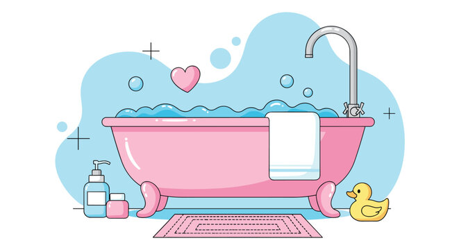 A cheerful illustration depicting a relaxing bath scene with a pink bathtub, bubbles, a rubber duck, and bath essentials.