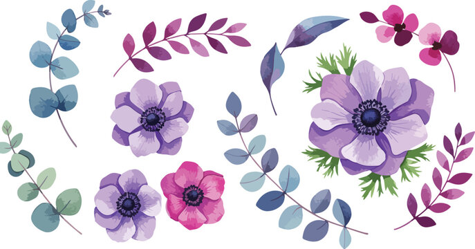 Watercolor purple and pink flowers with leaves botanical design set