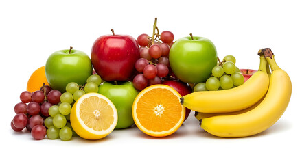 A vibrant assortment of fresh fruits including apples oranges grapes and bananas isolated on white background