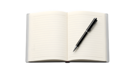 Open blank notebook with dotted lines and a black pen resting diagonally across the right page, isolated on transparent background