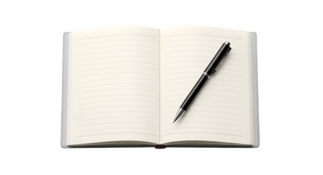 Open blank notebook with dotted lines and a black pen resting diagonally across the right page, isolated on transparent background - Powered by Adobe