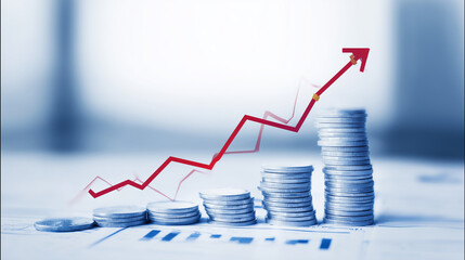Pilhas de moedas com gráfico ascendente simbolizam crescimento de investimentos, aumento de capital, prosperidade financeira e planejamento econômico de longo prazo
