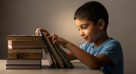 a young boy is intently focused while carefully handling and reviewing a tall unsteady stack of colorful books on a white table high quality professional detailed
