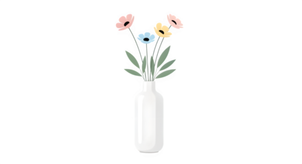 Minimalist illustration of a small bouquet of pastel colored wildflowers with green leaves arranged simply in a tall, slender white vase, isolated on transparent background
