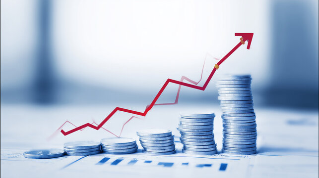 Pilhas de moedas com gr&aacute;fico ascendente simbolizam crescimento de investimentos, aumento de capital, prosperidade financeira e planejamento econ&ocirc;mico de longo prazo