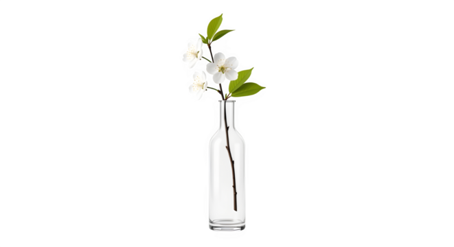 Delicate white blossom branch with green leaf detail elegantly placed inside a clear, slender glass bottle vase, isolated on transparent background for clean presentation of spring floral beauty