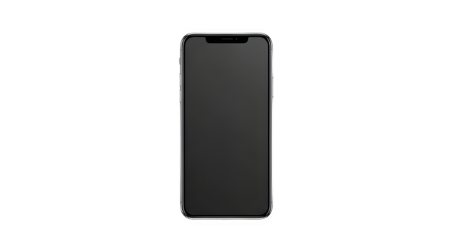 Modern black smartphone with a blank screen displayed vertically, isolated on transparent background, perfect for technology mockups or digital device presentations