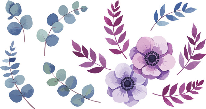 Watercolor floral arrangement with purple anemone and eucalyptus