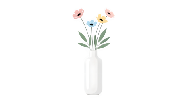 Minimalist illustration of a small bouquet of pastel colored wildflowers with green leaves arranged simply in a tall, slender white vase, isolated on transparent background - Powered by Adobe