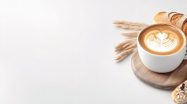 White cup of latte coffee with foam art near bread and dry grass on wooden board - Powered by Adobe