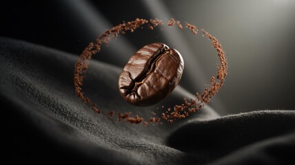 A single coffee bean levitates above a draped black fabric, encircled by a delicate swirl of coffee grounds, creating a visually appealing composition