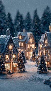 A cozy snowy Christmas village at night with festive decorations and warm glowing lights, perfect for holiday cards and seasonal marketing design.