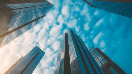 Low angle view of modern skyscrapers and office buildings with reflective glass facades against blue sky, urban city architecture concept